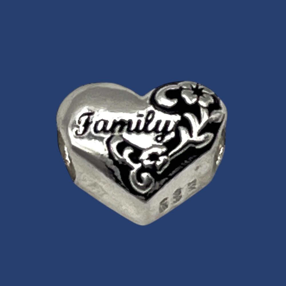 Sterling Silver Charm Family Heart Slide European Style Puffy Bead Flower IBB